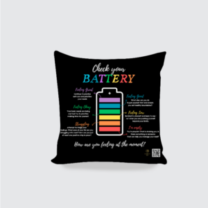 Check In with Yourself – 16x16 Black Cushion Cover | Emotional Battery Self-Care Design | Mental Wellness Decor