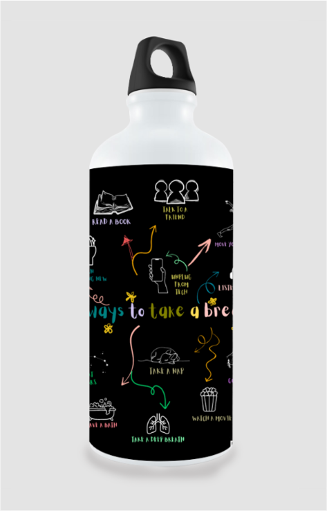 Ways to Take a Break – 750ml Black Sipper Bottle | Illustrated Self-Care Hydration Bottle | Daily Wellness Reminder