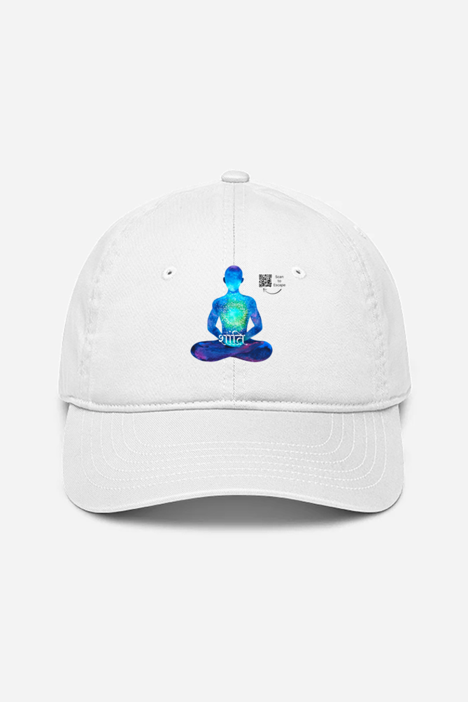 Spiritual White Cap – Shanti Hat with QR Code | Meditation Cap with Cosmic Design, Peace Symbol Mindfulness Gift, Unisex Adjustable Yoga Hat