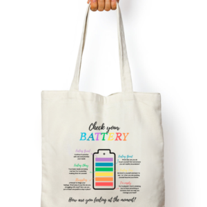 Check In with Yourself – White Tote Bag | Emotional Battery Design | Mental Health Awareness Daily Carry Bag