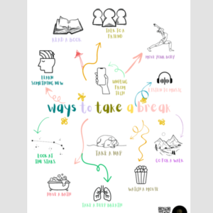 Ways to Take a Break – A3 White Poster | Self-Care Mental Health Wall Art | Illustrated Wellness Reminder
