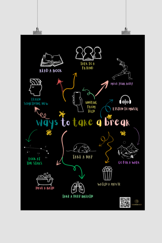 Ways to Take a Break – A3 Black Poster | Self-Care Mental Health Wall Art | Illustrated Wellness Reminder