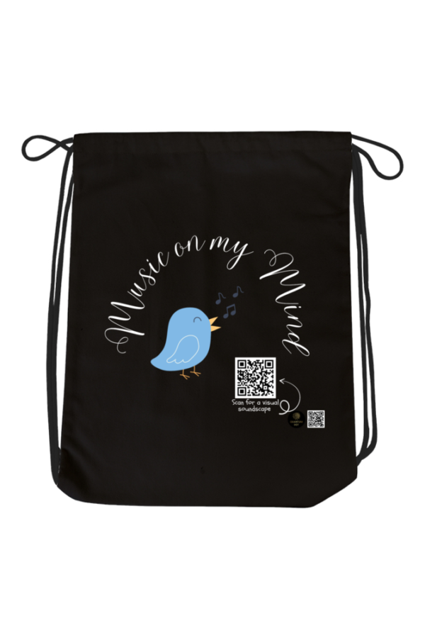Music on My Mind Dark Drawstring Bag – Headphones & Notes Lightweight Backpack – Reusable Music-Themed Bag for Kids, School & Dance Class