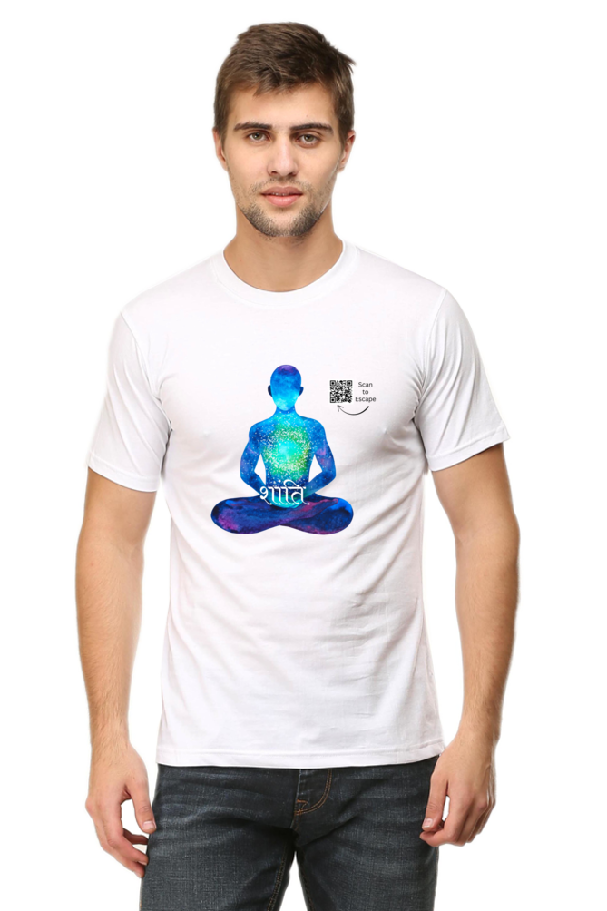 Scan to Escape – Cosmic Peace Men’s Crew Neck T-Shirt | Sanskrit 'Shanti' QR Code Tee | Light Edition - Image 7