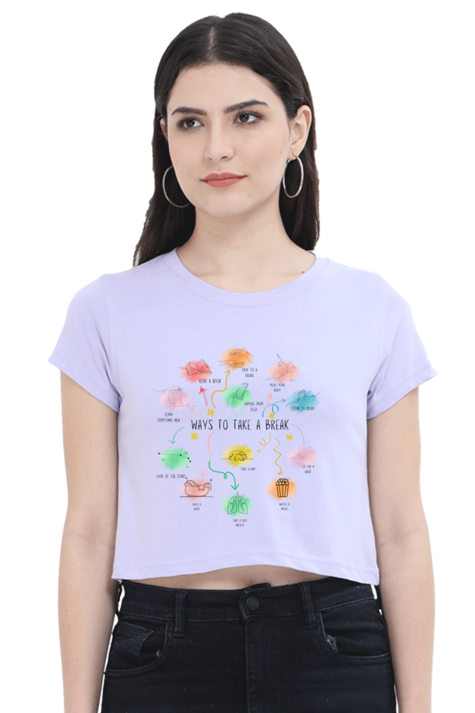 Self-Care Crop Top for Women – “Ways to Take a Break” Motivational Shirt | Aesthetic Wellness Tee, Mindfulness Graphic Tee, Inspirational Quote T-Shirt | Relaxed Cotton Fit in White, Baby Pink, Sky Blue, Beige | XS to XXL - Image 2