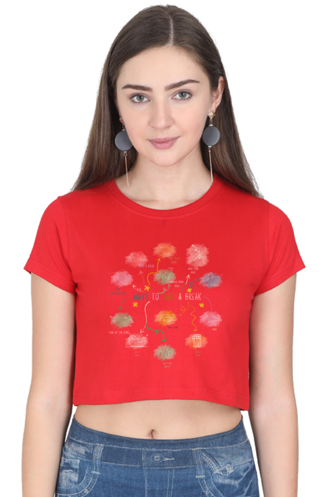 Self-Care Crop Top for Women – “Ways to Take a Break” Bold Graphic Tee | Motivational Shirt, Mindfulness Art T-Shirt, Aesthetic Wellness Crop Top | Black Relaxed Fit | XS to XXL - Image 2