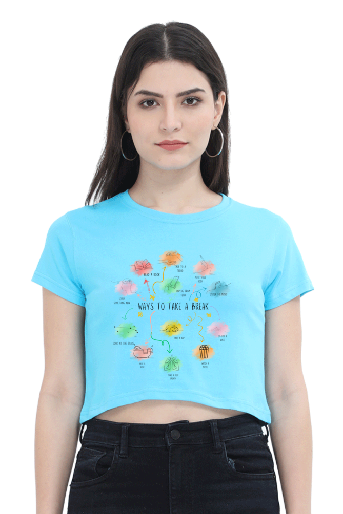 Self-Care Crop Top for Women – “Ways to Take a Break” Motivational Shirt | Aesthetic Wellness Tee, Mindfulness Graphic Tee, Inspirational Quote T-Shirt | Relaxed Cotton Fit in White, Baby Pink, Sky Blue, Beige | XS to XXL - Image 4
