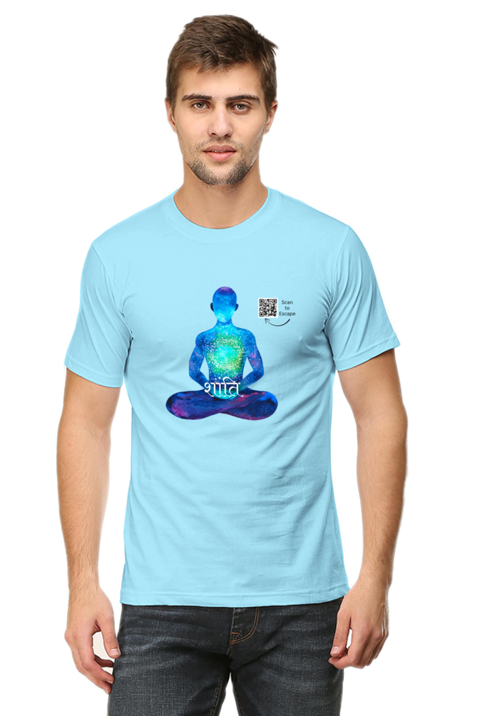 Scan to Escape – Cosmic Peace Men’s Crew Neck T-Shirt | Sanskrit 'Shanti' QR Code Tee | Light Edition - Image 2
