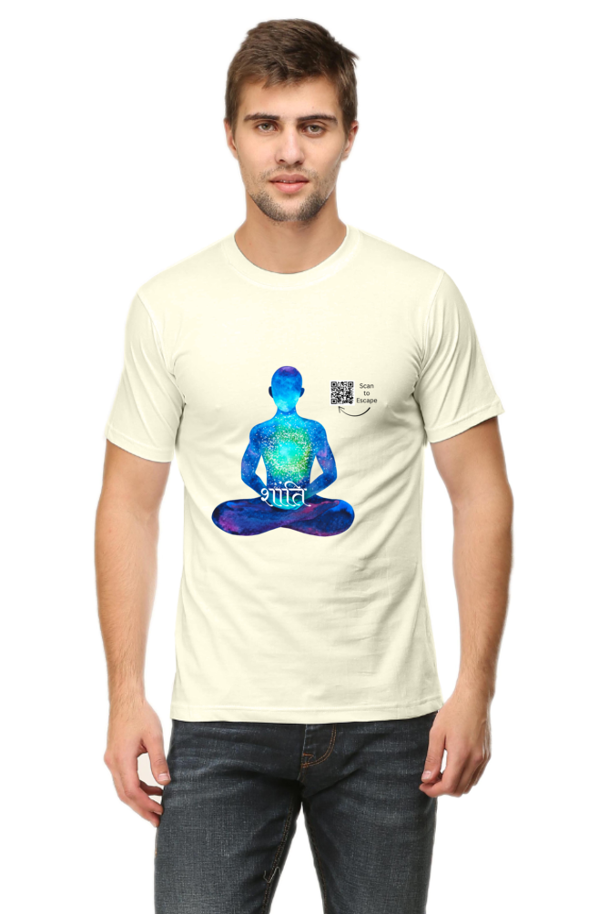 Scan to Escape – Cosmic Peace Men’s Crew Neck T-Shirt | Sanskrit 'Shanti' QR Code Tee | Light Edition
