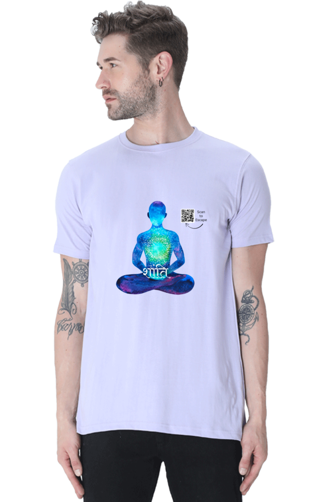 Scan to Escape – Cosmic Peace Men’s Crew Neck T-Shirt | Sanskrit 'Shanti' QR Code Tee | Light Edition - Image 4