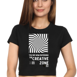 The Creative Zone Women's Dark Crop Top – Artistic Black & White Optical Illusion Tee for Designers, Artists & Thinkers