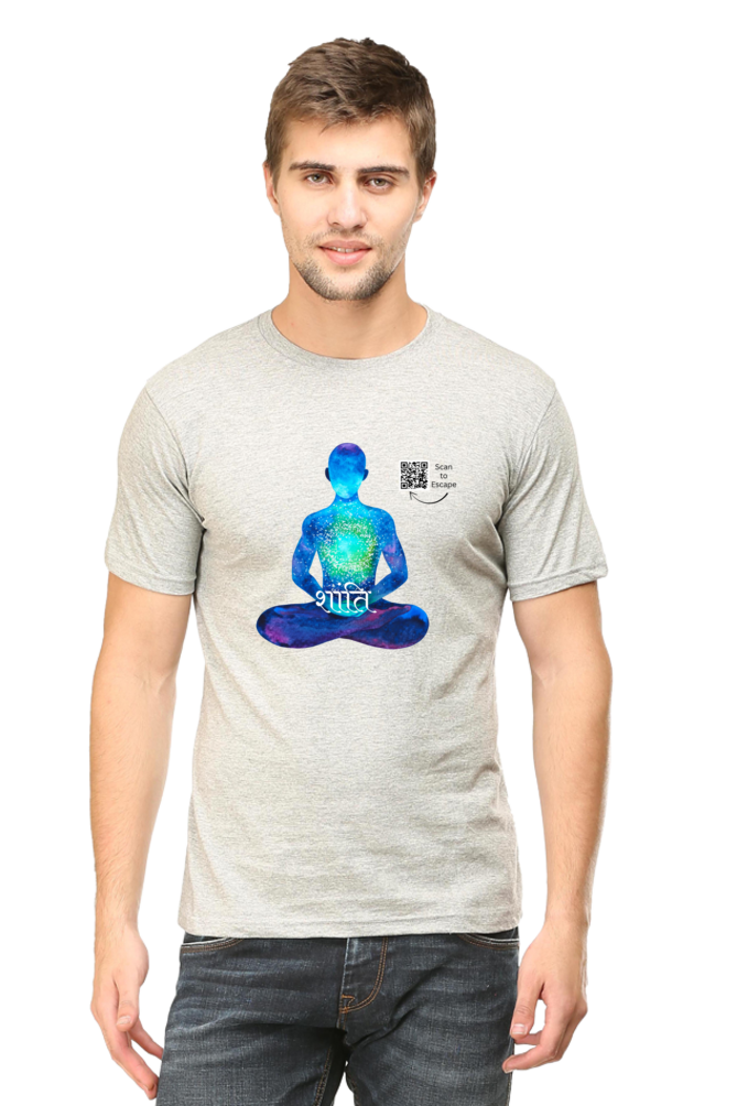 Scan to Escape – Cosmic Peace Men’s Crew Neck T-Shirt | Sanskrit 'Shanti' QR Code Tee | Light Edition - Image 6