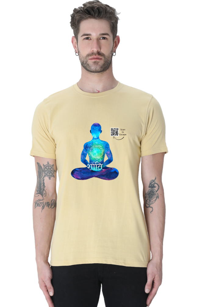 Scan to Escape – Cosmic Peace Men’s Crew Neck T-Shirt | Sanskrit 'Shanti' QR Code Tee | Light Edition - Image 3