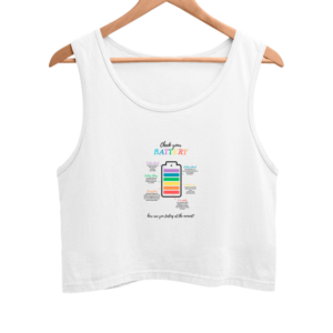 Check In with Yourself – White Crop Tank Top | Mental Wellness Battery Design | Unisex Self-Care Graphic Tee