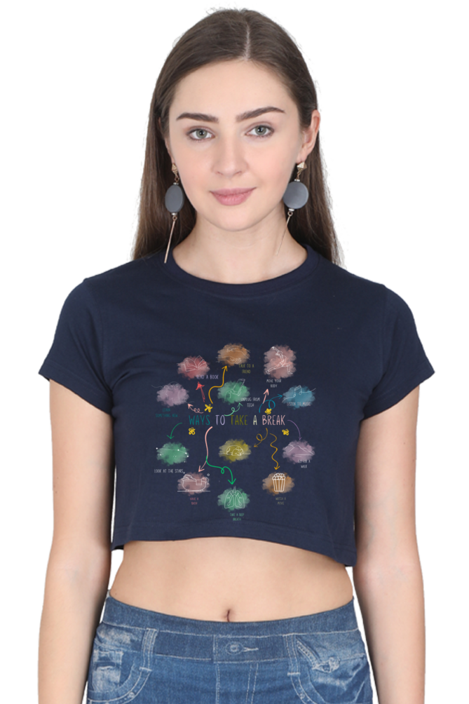 Self-Care Crop Top for Women – “Ways to Take a Break” Bold Graphic Tee | Motivational Shirt, Mindfulness Art T-Shirt, Aesthetic Wellness Crop Top | Black Relaxed Fit | XS to XXL - Image 3