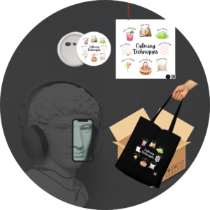 Quantum Bundle – Calming Techniques | 44mm Badge, 10×10 Poster & Cotton Tote Bag – Mindfulness Gift Set for Kids, Classrooms & Emotional Wellness