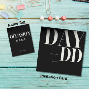Monochrome Luxe Invitation & Name Tag Set – Editable Black & White Event Stationery for Formal Gatherings