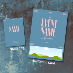 Retro Revival Editable Event Invitation & Name Tag Set – Vintage Blue & Blush Pink Customisable Templates for Stylish Corporate Events