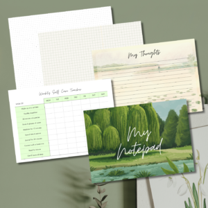 Watercolour Landscape Notepad – 70 Pages with Self-Care Tracker, Grid, Dot, and Lined Pages | Aesthetic Stationery