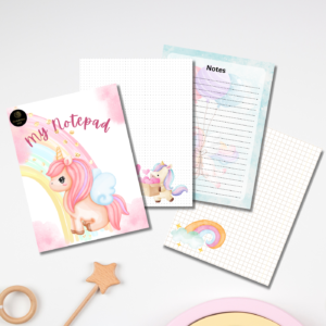 Unicorn Theme Kids Notepad – 50 Printable A4 Pages | Cute Unicorn Writing, Drawing & Learning Paper for Girls
