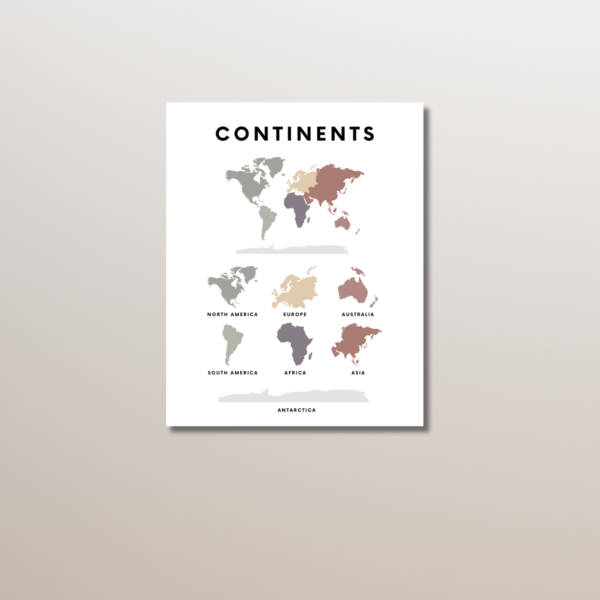 Continents of the World Poster – Minimalist Geography Chart for Kids