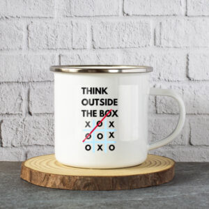 Think Outside the Box Tic Tac Toe White Enamel Mug – Creative Inspirational Design
