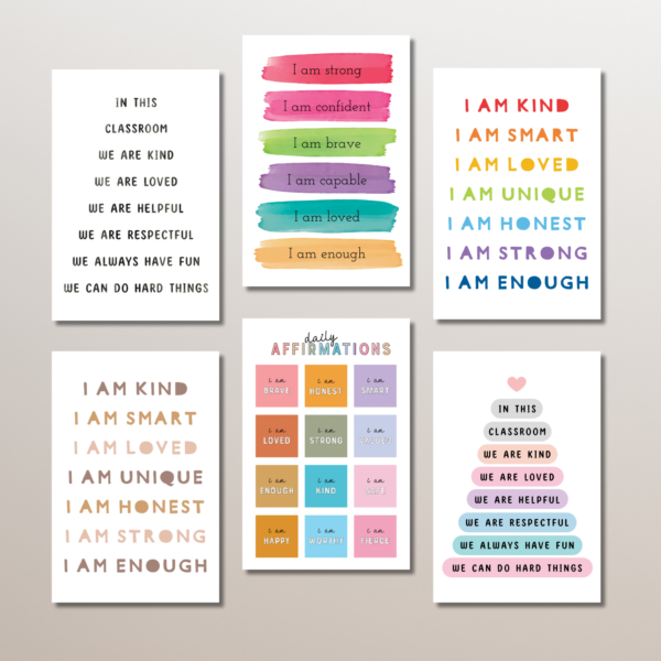 Classroom Affirmation Wall Art – Set of 6 Inspirational Posters for Kids | 24x36 Inch Positive Mindset Decor | Growth Mindset Quotes for Home, School, Nursery, or Therapy Spaces | Digital Download