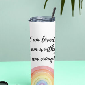 I Am Worthy - 20 oz Stainless Steel Tumbler with Lid & Straw – Insulated Travel Mug for Hot & Cold Drinks – Inspirational Motivational CupTumbler Bottle