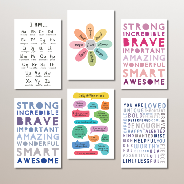 Positive Affirmation Wall Art for Kids – Set of 6 Printable Posters (24x36 inch) | ABC Motivational Words, Growth Mindset, Daily Affirmations – Digital Download