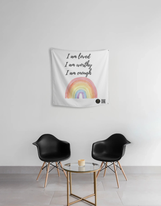 “I Am Loved, Worthy, and Enough” – Motivational Rainbow Wall Tapestry | 24x24in, Super Soft Fabric | Tapestry