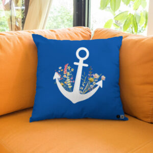 Nautical Anchor Cushion Cover with Floral Design – Coastal Blue Decorative Cover