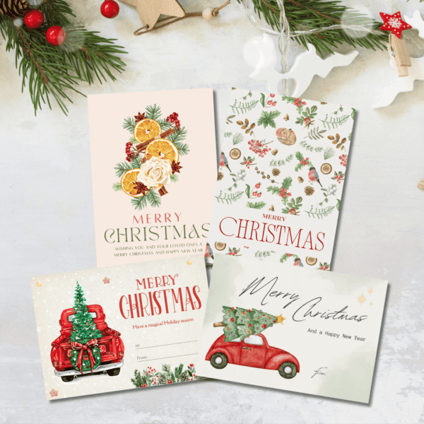 Botanical Christmas Collection – Set of 4 Printable Greeting Cards | Natural Holiday Cards | Rustic Floral Art | Digital Download