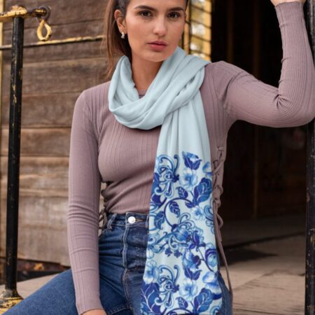Blue Porcelain Elegance Satin Stole – Classic Floral Print Wrap | Lightweight Poly-Satin Stole for Women | Stylish Everyday & Festive Accessory
