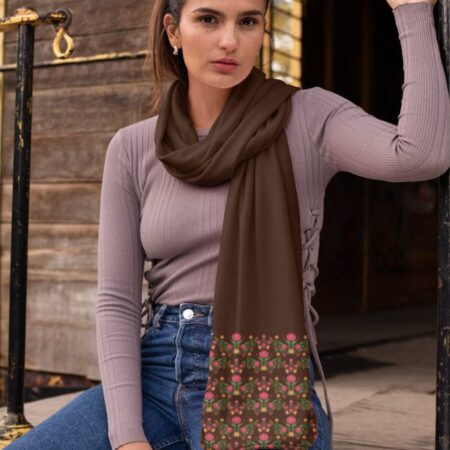 Earthy Bloom Satin Stole – Dual-End Floral Print | Elegant Brown Poly-Satin Wrap for Women | Festive & Everyday Ethnic Accessory