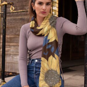 Golden Sunflower Satin Stole – Artistic Floral Panel Wrap | Elegant Poly-Satin Lightweight Scarf for Women | Warm Earthy Fashion Accessory