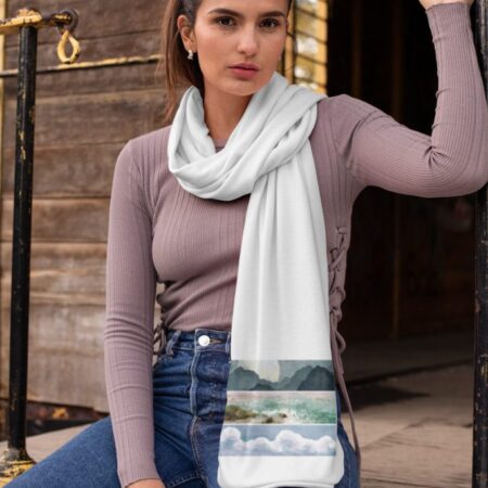Azure Horizons Satin Stole – Artistic Landscape Print Wrap | Elegant Poly-Satin Stole with Ocean & Mountain Motif | Lightweight Luxury Scarf for Women
