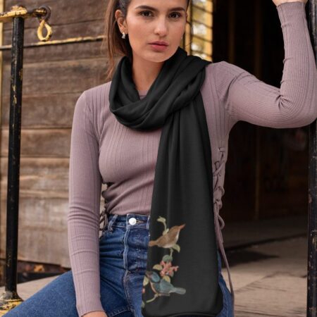 Midnight Aviary Satin Stole – Elaegant Bird Illustration on Black | Artistic Poly-Satin Wrap for Women | Chic Minimal & Nature-Inspired Accessory
