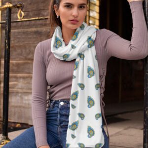 Ivory Paisley Charm Satin Stole – Elegant Blue & Yellow Buti Print | Lightweight Poly-Satin Wrap for Women | Festive & Everyday Ethnic Accessory