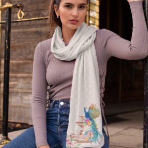 Regal Peacock Fountain Satin Stole – Ivory Designer Wrap with Artistic Peacock Motif | Luxury Poly-Satin Lightweight Scarf for Women