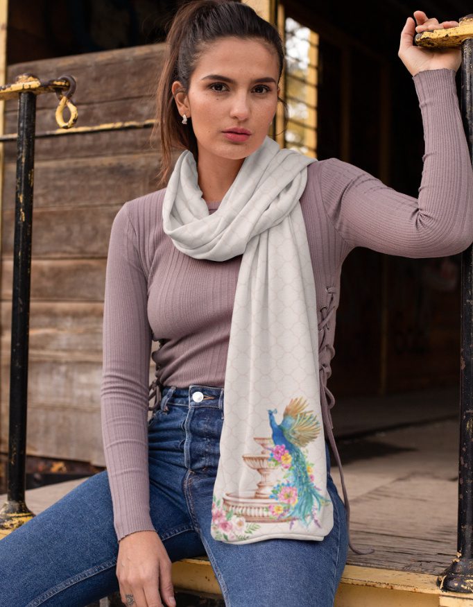 Regal Peacock Fountain Satin Stole – Ivory Designer Wrap with Artistic Peacock Motif | Luxury Poly-Satin Lightweight Scarf for Women