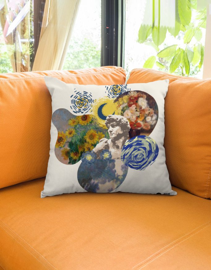 Art Collage AOP Cushion Cover – 16×16 inch | Poly Lycra Premium Throw Cushion Cover