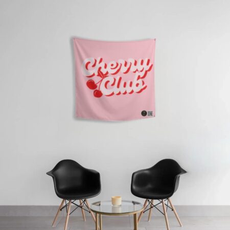 Cherry Club Tapestry – 24×24 Inch Retro Pink Wall Hanging | Cute Fruit Pop Art Decor for Bedrooms, Dorms & Aesthetic Rooms