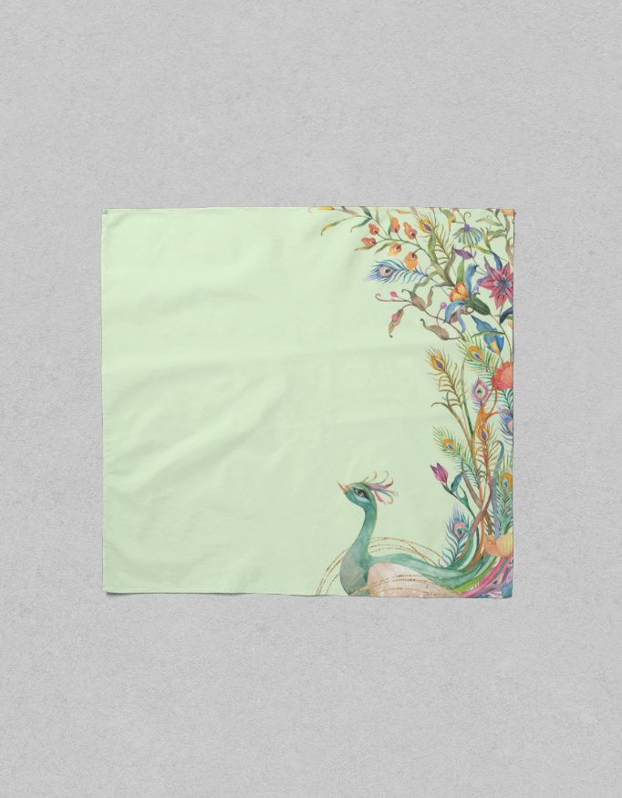 Peacock Garden Satin Scarf – 55×55 cm | Mint Green with Floral Border - Image 2