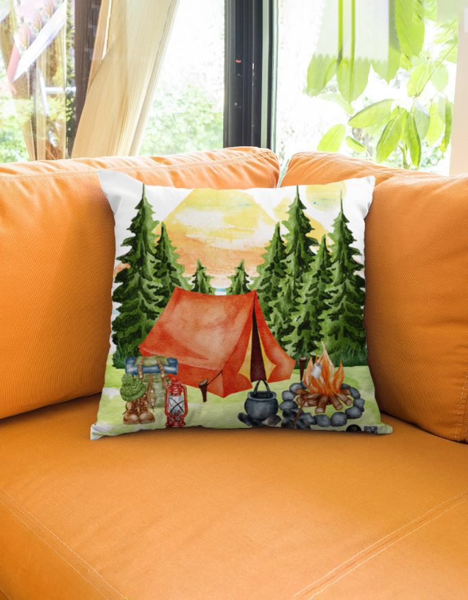 Campfire Escape Cushion Cover – 16×16" Outdoor Adventure Art - Image 2