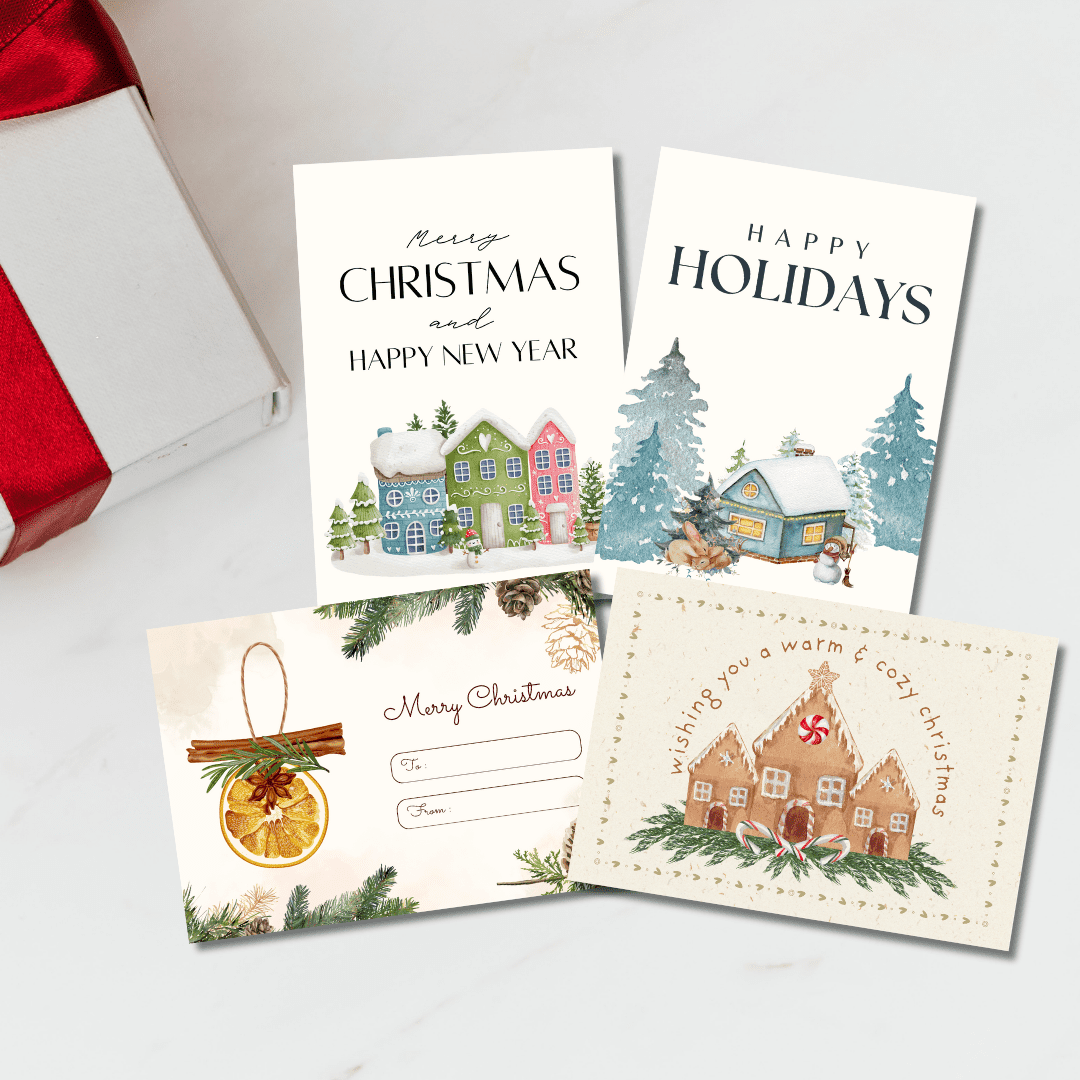 Scandinavian Christmas Collection – Set of 4 Printable Greeting Cards | Minimal & Cosy Holiday Cards | Nordic Winter Art | Digital Download