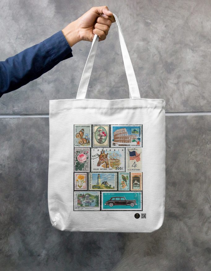 Vintage Stamp Art Tote Bag – Bottle Green Zipper Canvas Tote | Retro Collector Print | 100% Cotton, Eco-Friendly, Durable Everyday Carry Bag - Image 6