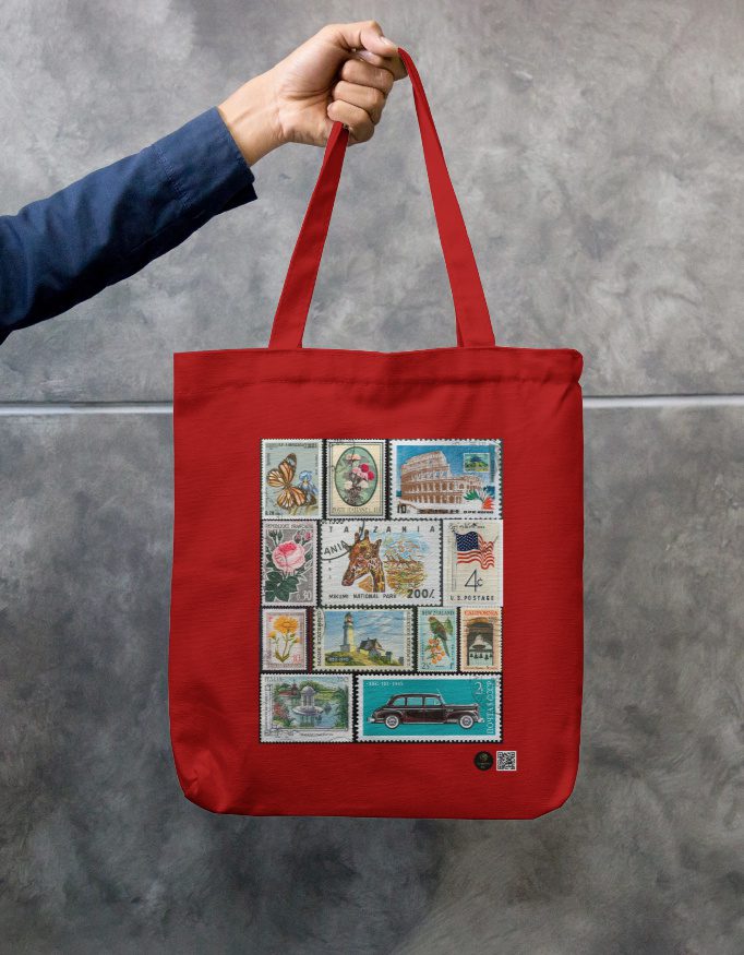 Vintage Stamp Art Tote Bag – Bottle Green Zipper Canvas Tote | Retro Collector Print | 100% Cotton, Eco-Friendly, Durable Everyday Carry Bag - Image 4