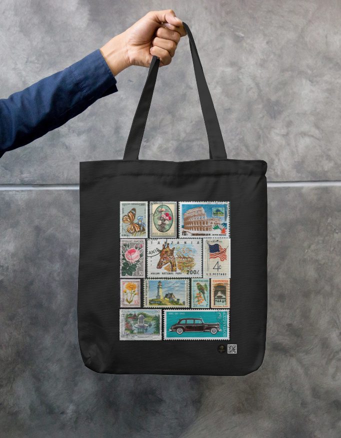 Vintage Stamp Art Tote Bag – Bottle Green Zipper Canvas Tote | Retro Collector Print | 100% Cotton, Eco-Friendly, Durable Everyday Carry Bag - Image 7