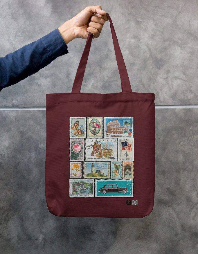Vintage Stamp Art Tote Bag – Bottle Green Zipper Canvas Tote | Retro Collector Print | 100% Cotton, Eco-Friendly, Durable Everyday Carry Bag - Image 5