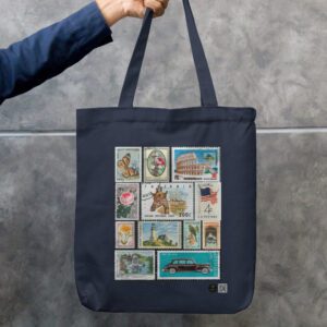 Vintage Stamp Art Tote Bag – Bottle Green Zipper Canvas Tote | Retro Collector Print | 100% Cotton, Eco-Friendly, Durable Everyday Carry Bag